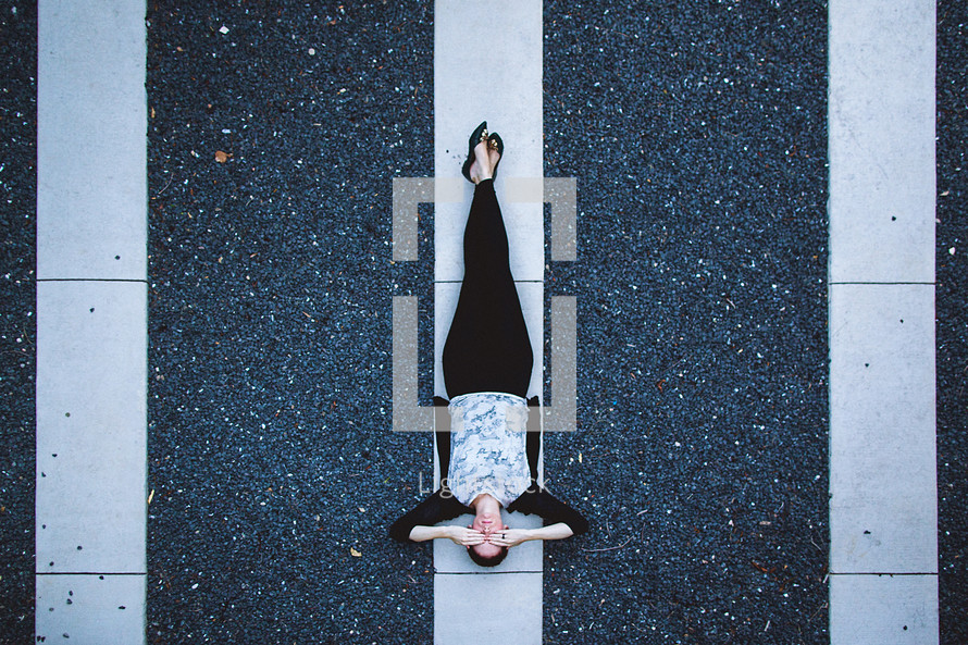 model, woman, lying down, pavement, lines, redhead, outdoors, posing, short hair 