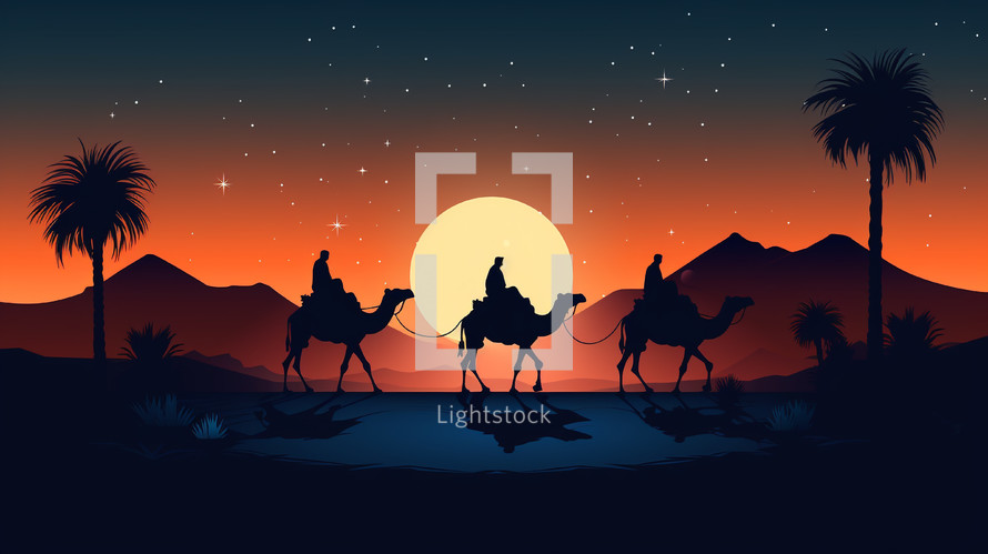 Modern colorful illustration of the Three Wisemen journey to Bethlehem. 
