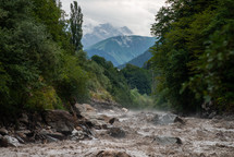 Flooded mountain river in summer