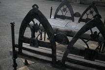 Gothic bench and table with chess boards