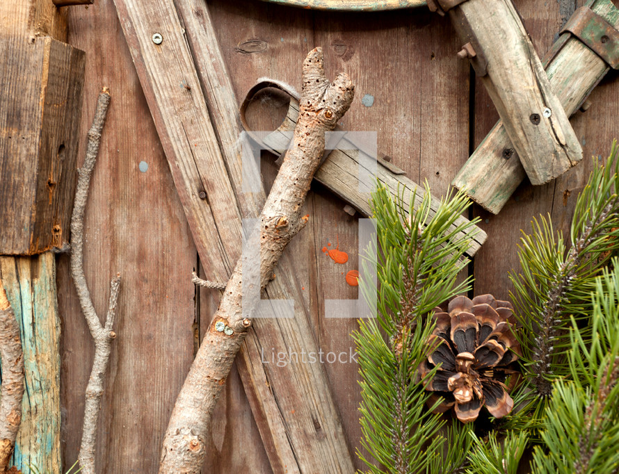 Christmas background with branches and pine branches with pine cones.