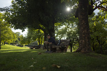 Man sitting on bench reading between sunlit trees
