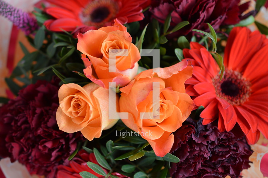 bouquet of roses, gerberas and  carnations