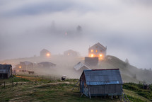 Foggy houses in the mountain village