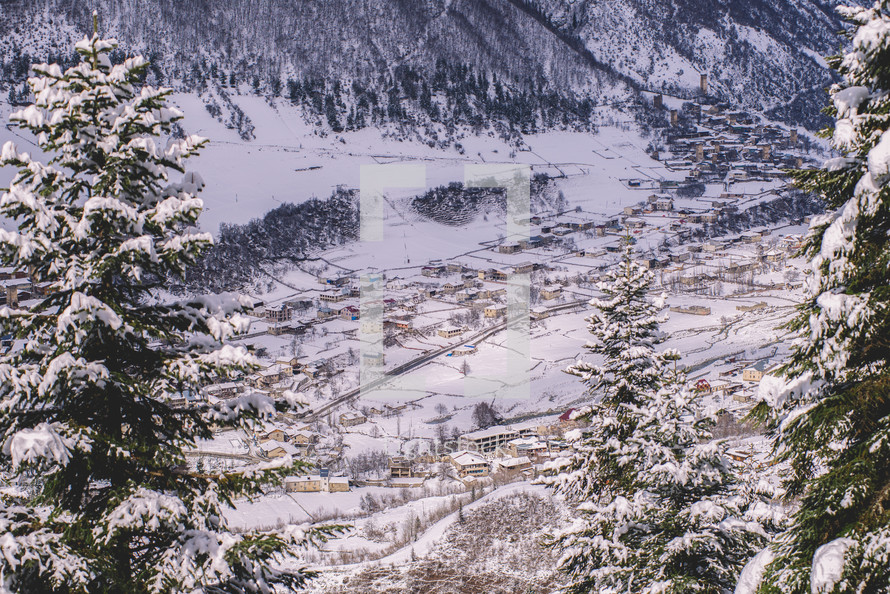 Snowy trees and old mountain village