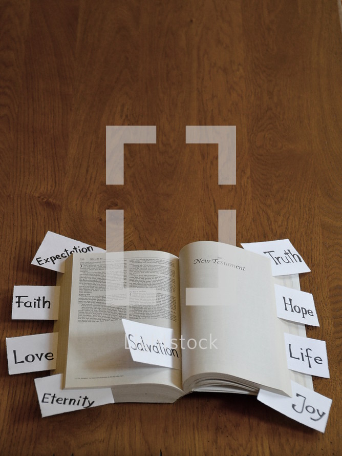 pieces of paper with words on them sticking out of a Bible 