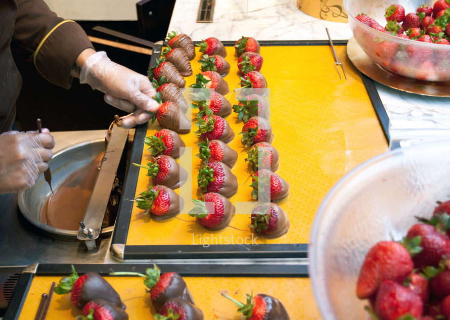 Making chocolate dipped strawberries, New York.