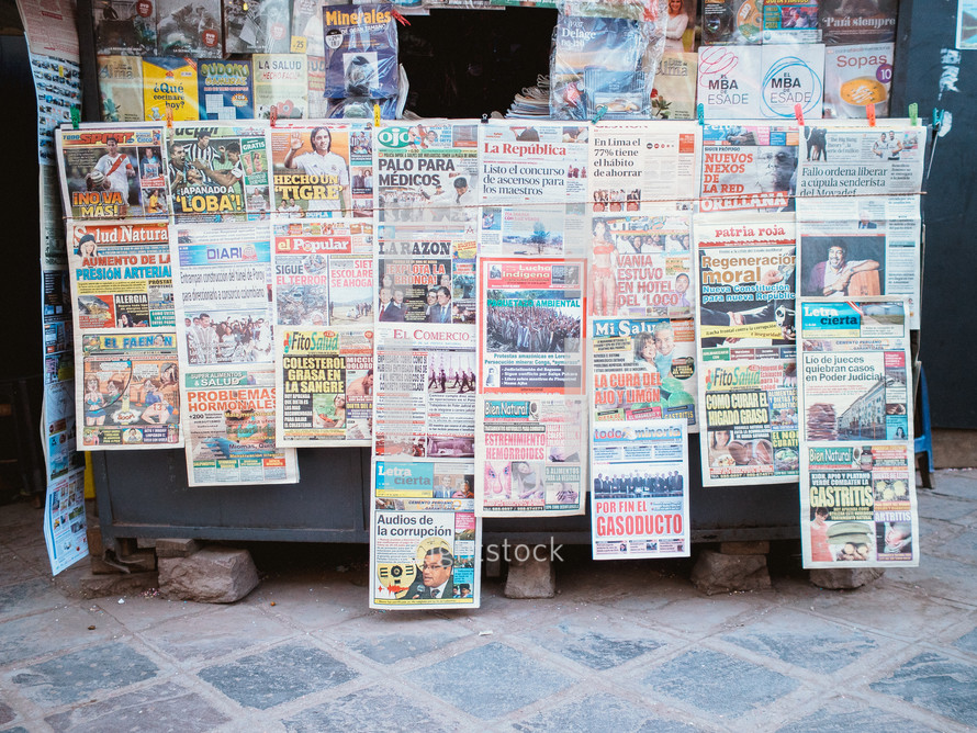 A newspaper stand in a South American city.