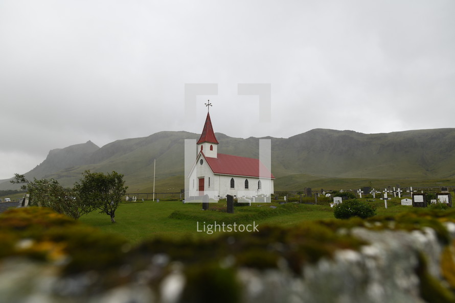white church with red roof 