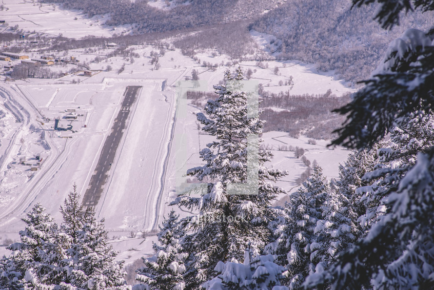 Snowy airport in the mountains