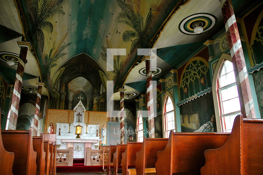 A vividly painted interior of a church. 