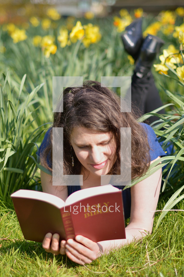 Woman reading the bible while laying in a meadow between daffodils. 
