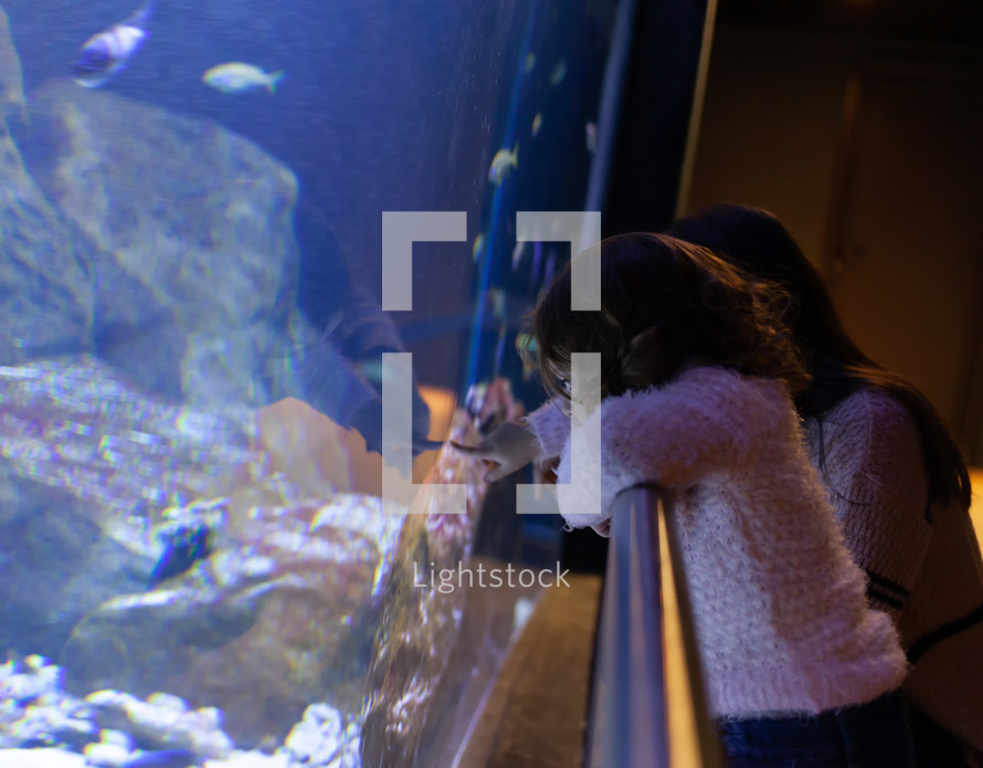 Young woman with child watch a fish in aquarium. Silhouettes of people visiting the large aquarium in Livorno, Italy.