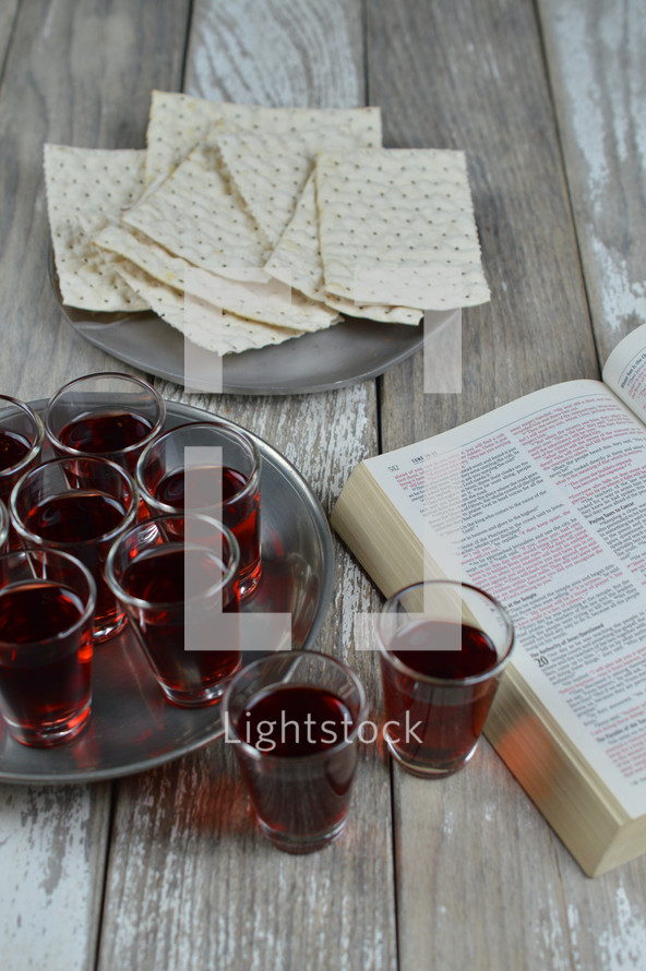 Communion elements and an opened Bible 