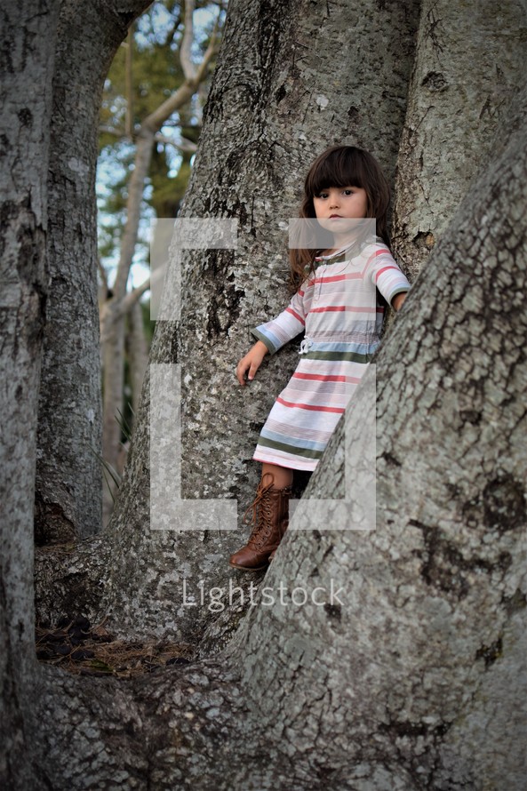 a little girl standing in a tree 