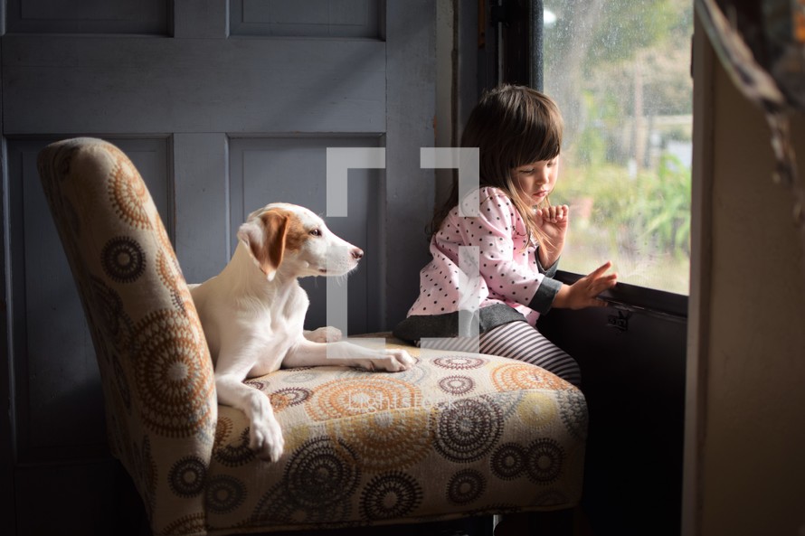 a little girl and her dog sitting in a window looking out 