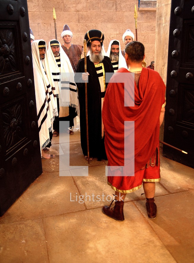Jewish elders ask Pontius Pilate to judge and condemn Jesus, accusing him of claiming to be the King of the Jews.