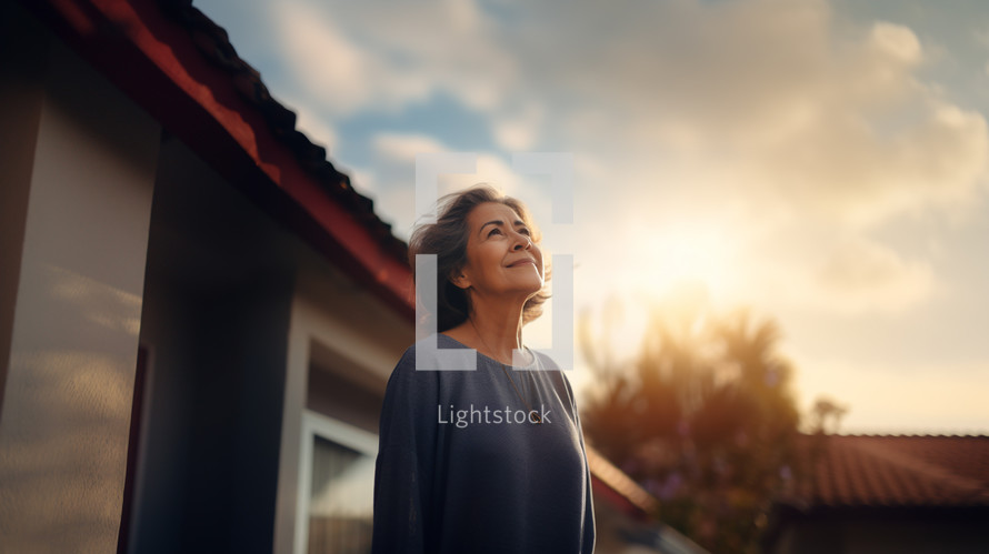 Older latino woman looking up at the sky. 