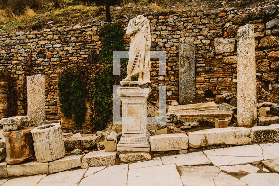 A headless statue in ruins in Turkey. 
