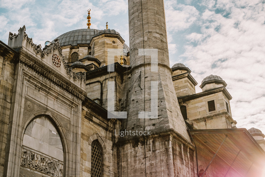 Closeup of a tower on a mosque in Turkey. 