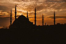 Silhouette of a mosque at sunset in Turkey. 