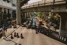 Heavy traffic on a city street in Thailand. 