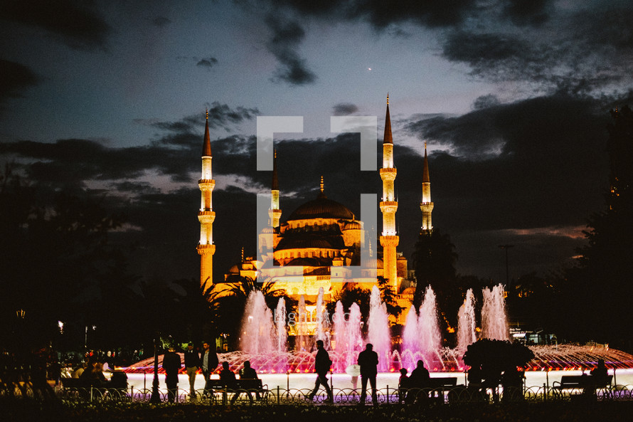 Fountains in front of a Mosque in Turkey at night. 