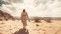 Jesus walking through the desert looking out to the desert
