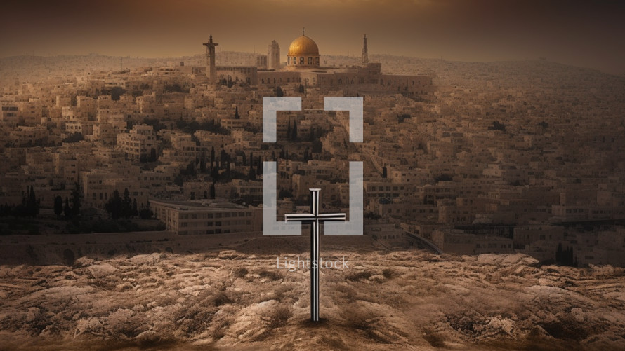 Cross infront of ancient jerusalem, Israel