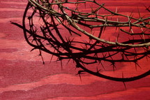 crown of thorns with shadows on a red wooden background