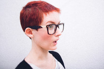 surprise, redhead, model, short hair, woman, reading glasses, pixie haircut