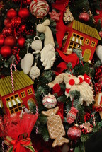 Detail of a Christmas tree full of ornaments