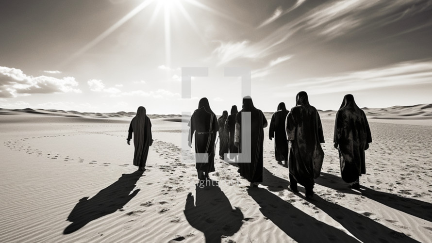 Jesus and his Disciples walking through the desert during midday