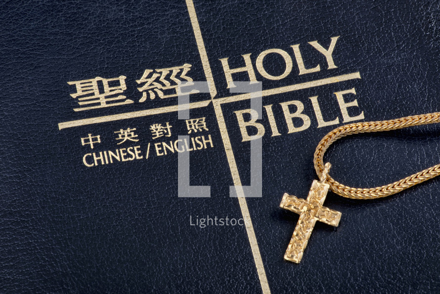 gold cross necklace on a Chinese Bible 