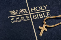gold cross necklace on a Chinese Bible 