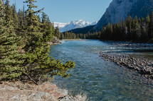 snow capped mountains and evergreen forest and river 