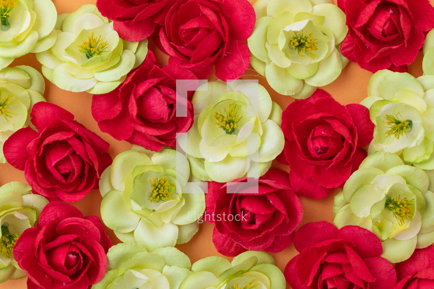 Bed of red and green Flowers flay layer background