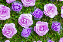 Bed of pink and purple Flowers flay layer meadow background