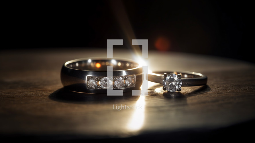 Two wedding rings on a table with a light flare. 