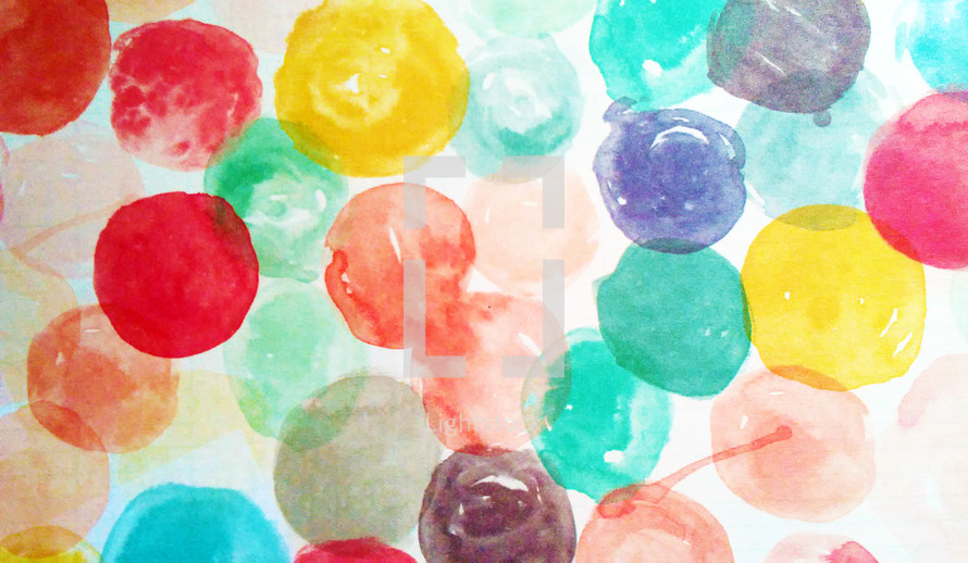 A painting filled with colorful round circles of paint from red, green, yellow primary colors to  aquamarine blue and green cool colors t show a variety of cool soft colors. 