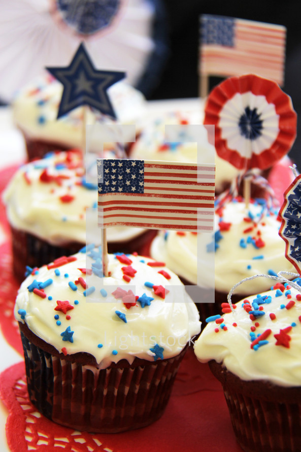 Red, white and blue decorated cupcakes. USA Flag, stars, stripes