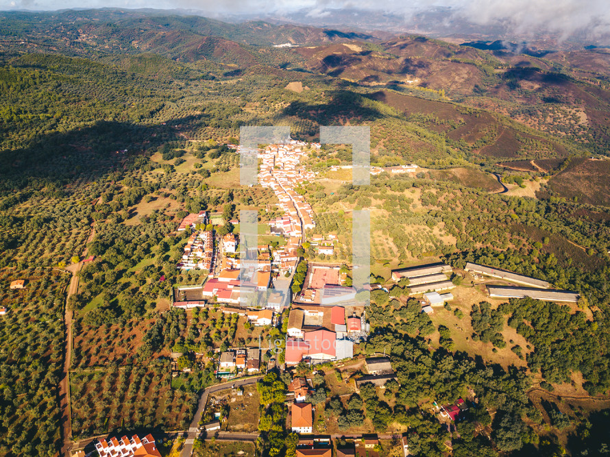 aerial view over a rural community 