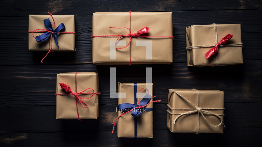 Simple Christmas gifts wrapped in brown paper. 