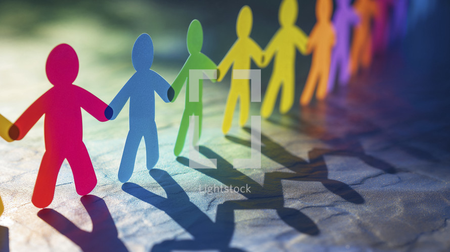 Colorful paper cutout figures holding hands in unity, casting long shadows on a bright surface.