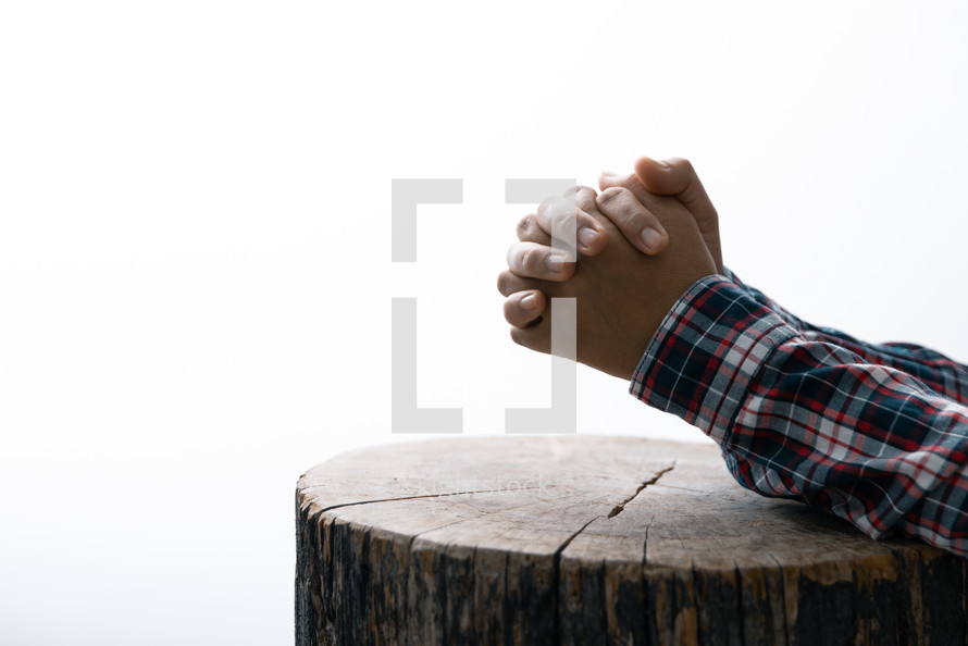 White background and praying hands on a wood stump