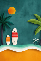 Illustrative poster of a summer scene featuring surfboards, palm trees, and a bright sun over a beach. Ideal for promoting summer events, surf competitions, and tropical-themed festivals.