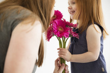 A little girl gives her mother a bouquet of pink flowers.