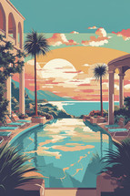 Colorful paint illustration for summer vacation. Hotel with pool and sea view. World travel concept.