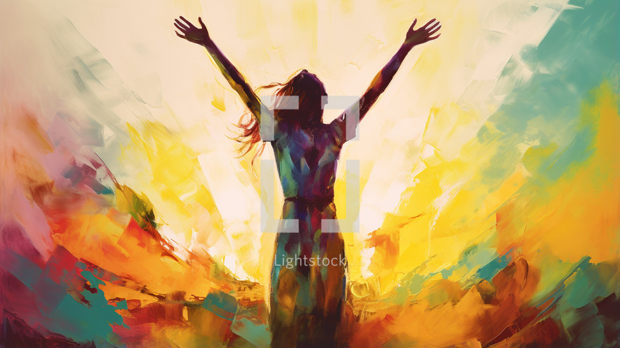 Colorful painting of a woman raising her arms in prayer. 