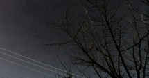 Time lapse of clouds moving fast, above a tree and electric wires, at night time
